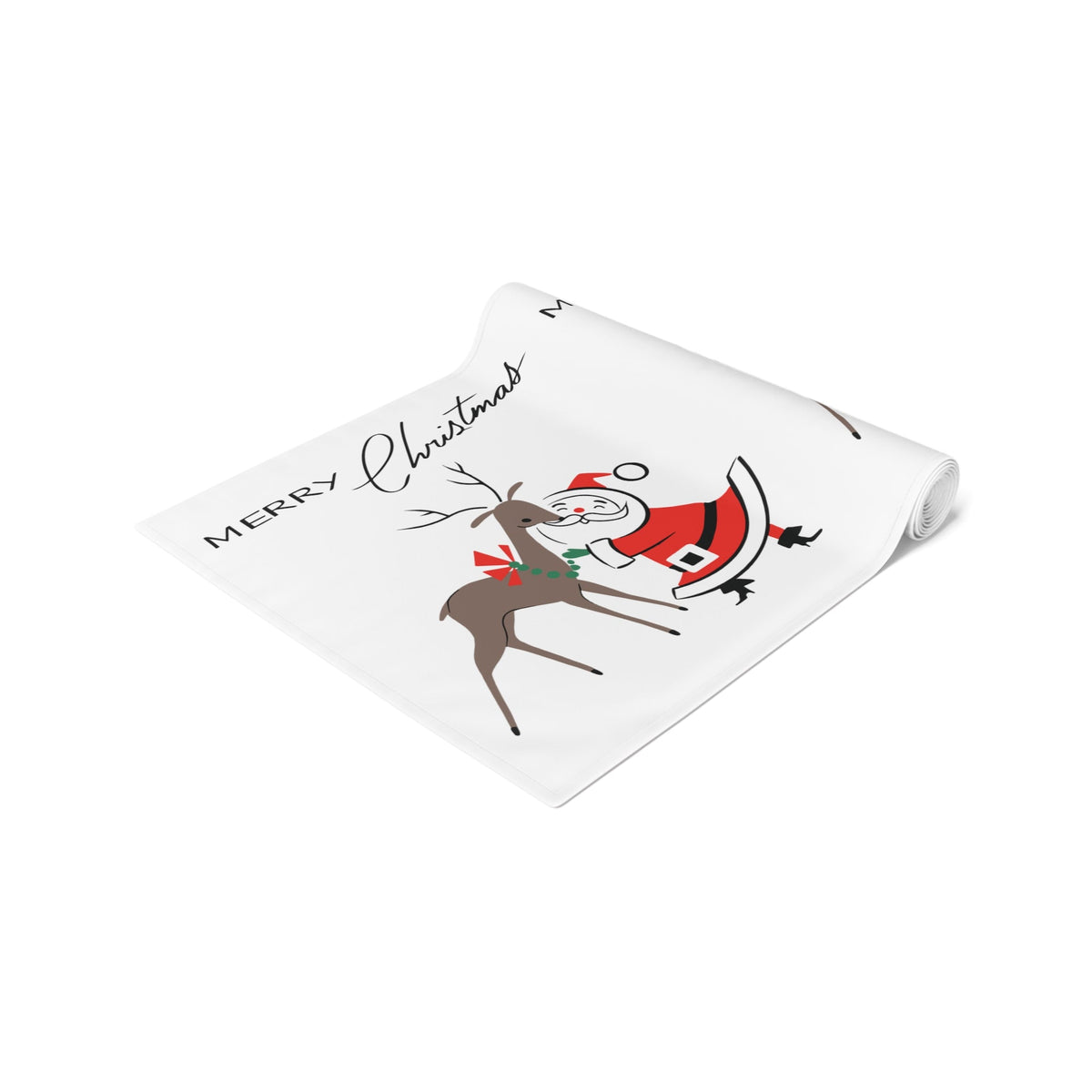 Merry Christmas Santa With Reindeer Mid Century Retro Style Christmas Decor Red Cotton Poly Table Runner