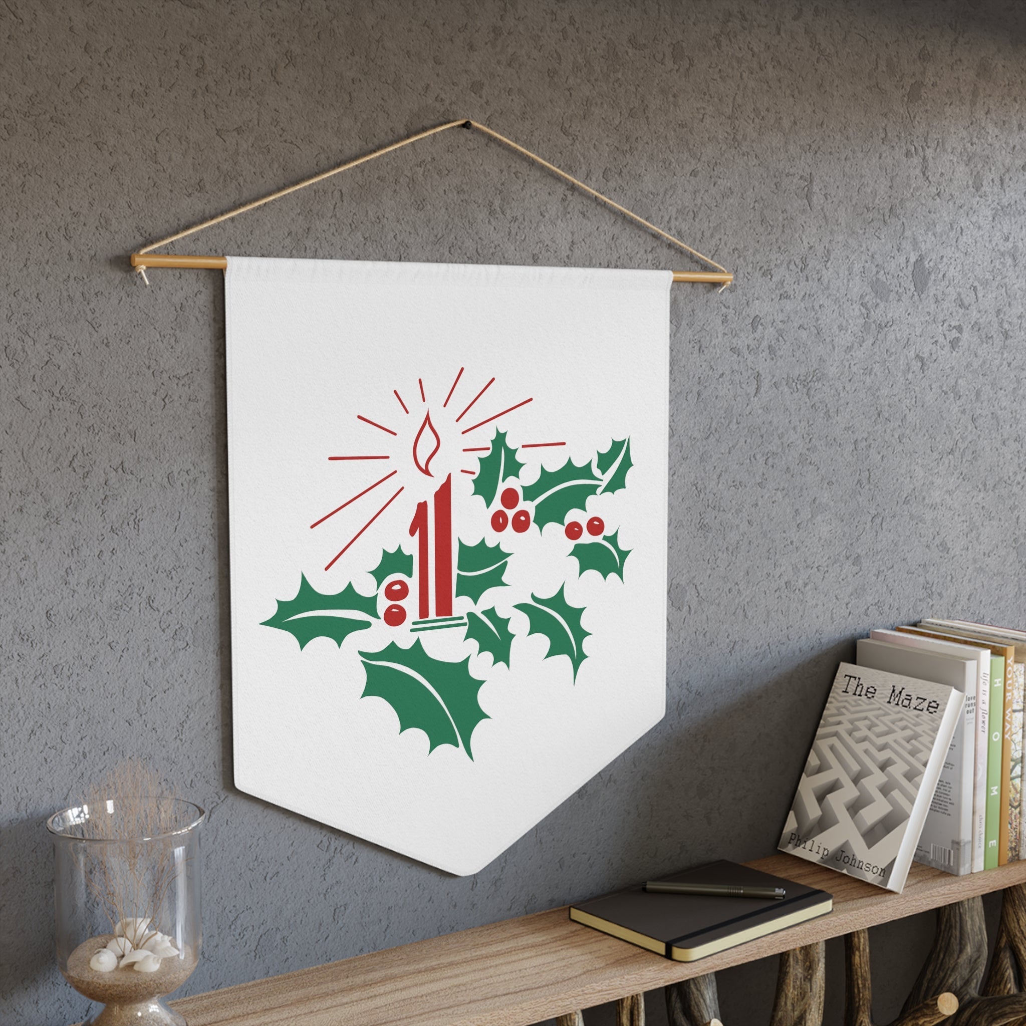 Christmas Candle Holly Retro Mid Century Decor Christmas Print Wall Hanging Banner Flag