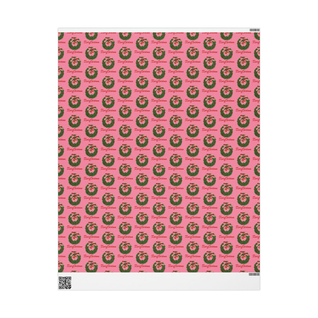Merry Christmas Wreath Pink Retro Christmas Print Holiday Gift Wrap Paper - Glossy Or Matte