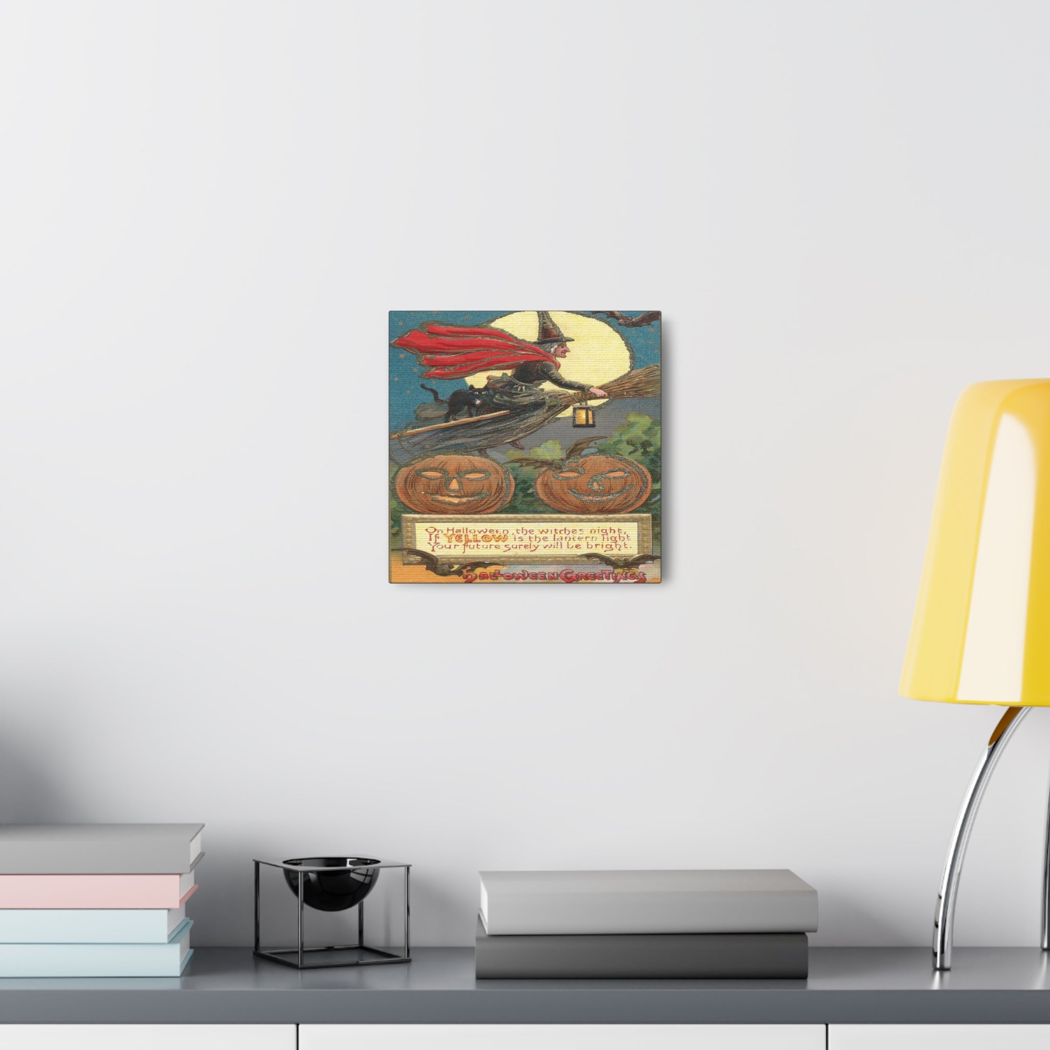 Witch Black Cat Retro Halloween Decor Print Canvas Gallery Wrap