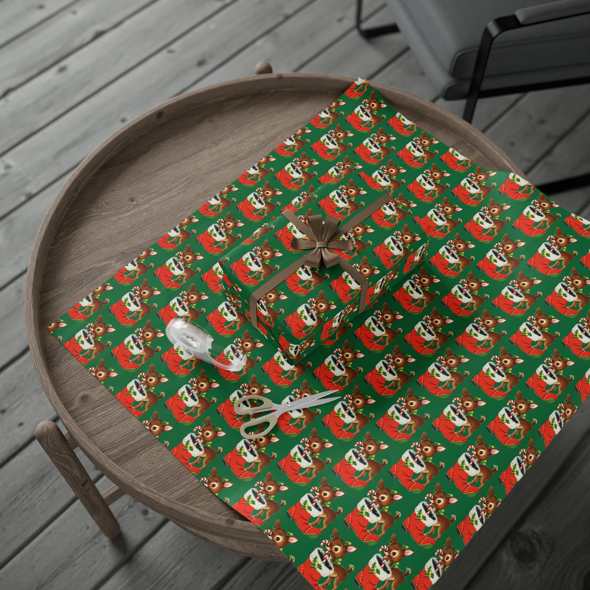 Reindeer With Stocking Mid Century Retro Christmas Print Holiday Gift Wrap Paper - Glossy Or Matte