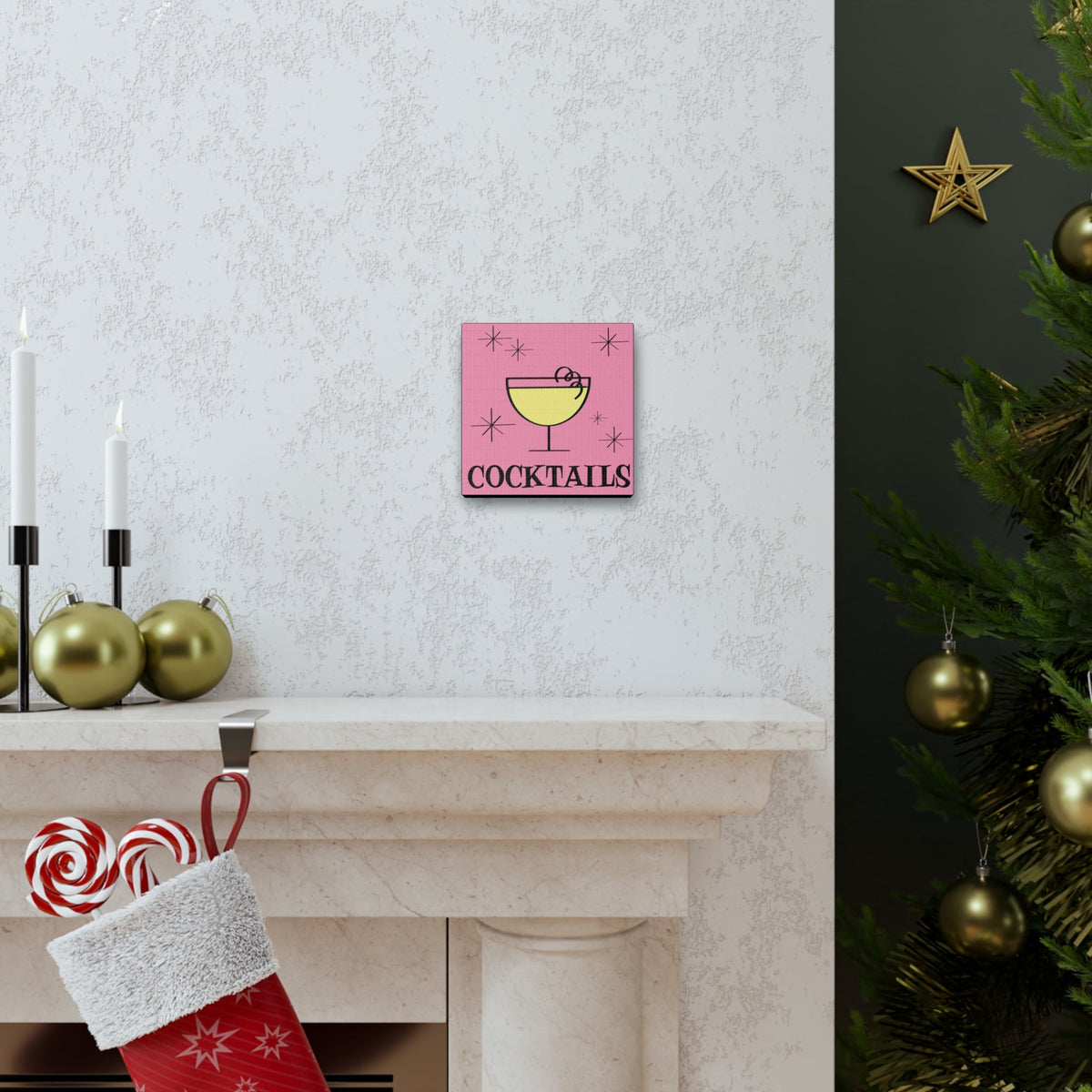 Cocktails Pink Mid Century Retro Design Pink Canvas Gallery Wrap