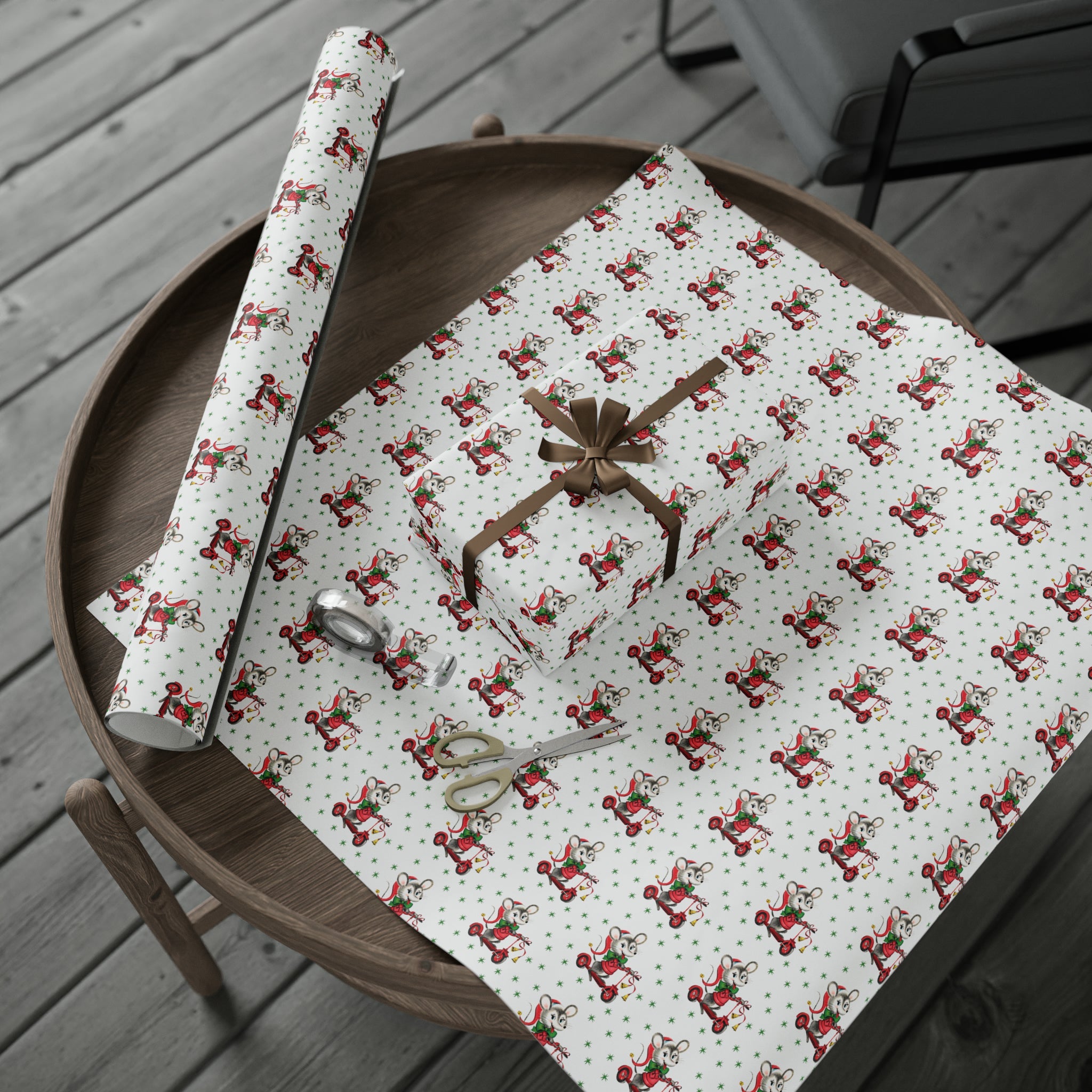 Christmas Mouse On Scooter Green Stars Mid Century Retro Christmas Print Holiday Gift Wrap Paper - Glossy Or Matte