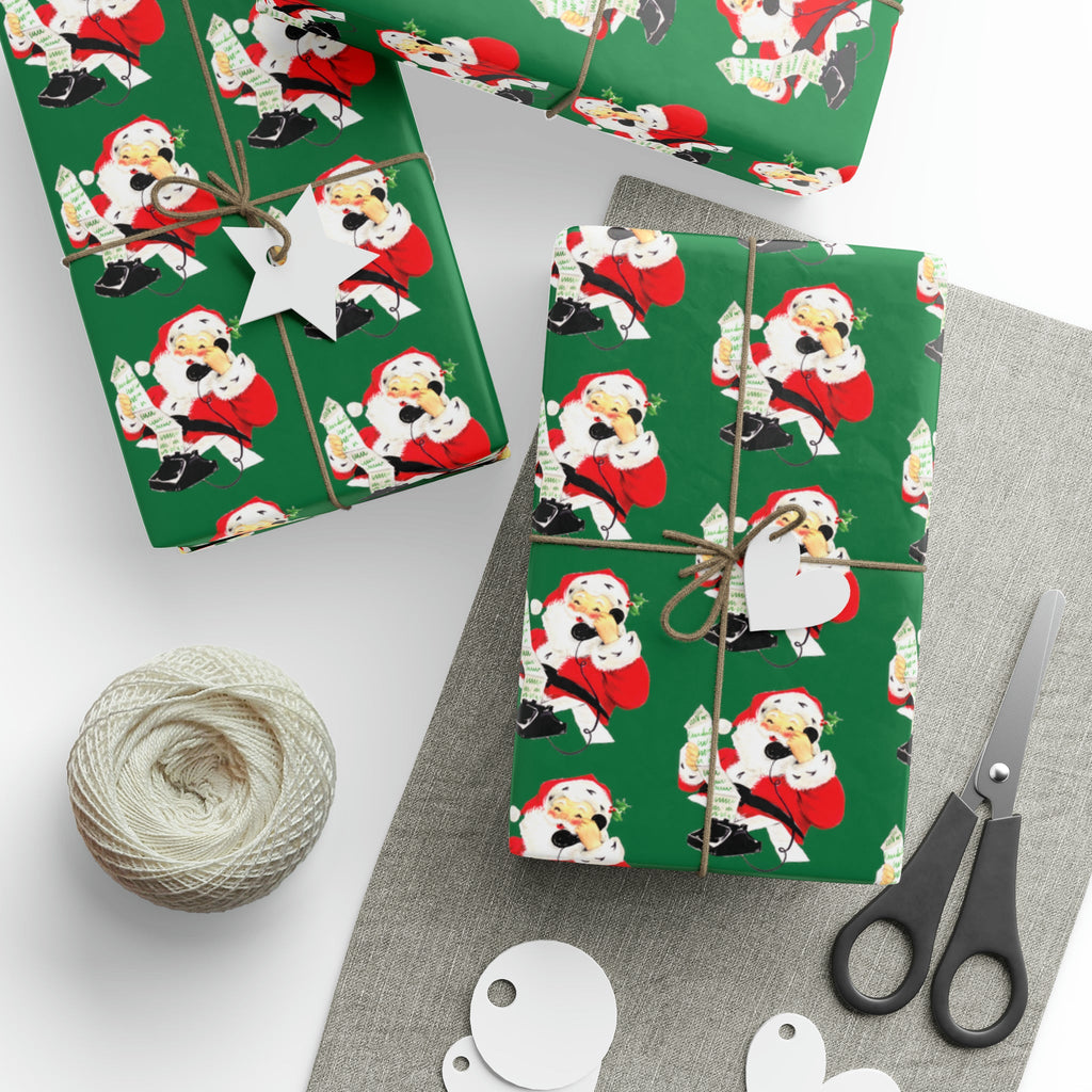Santa Checking His List On Telephone Green Mid Century Retro Christmas Print Holiday Gift Wrap Paper - Glossy Or Matte