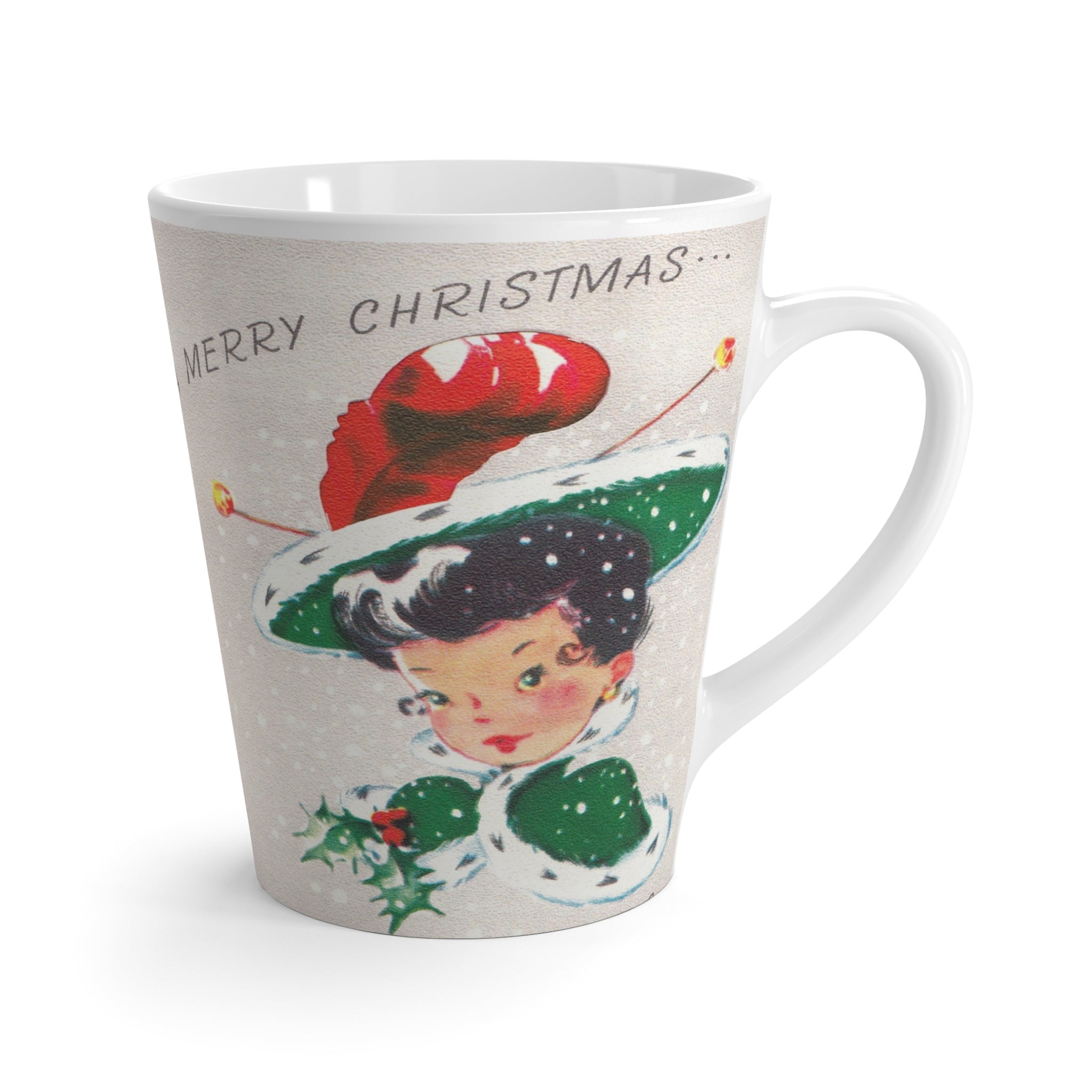 Merry Christmas Lady In Winter Hat And Coat With Holly Retro Christmas Print Latte Coffee Mug