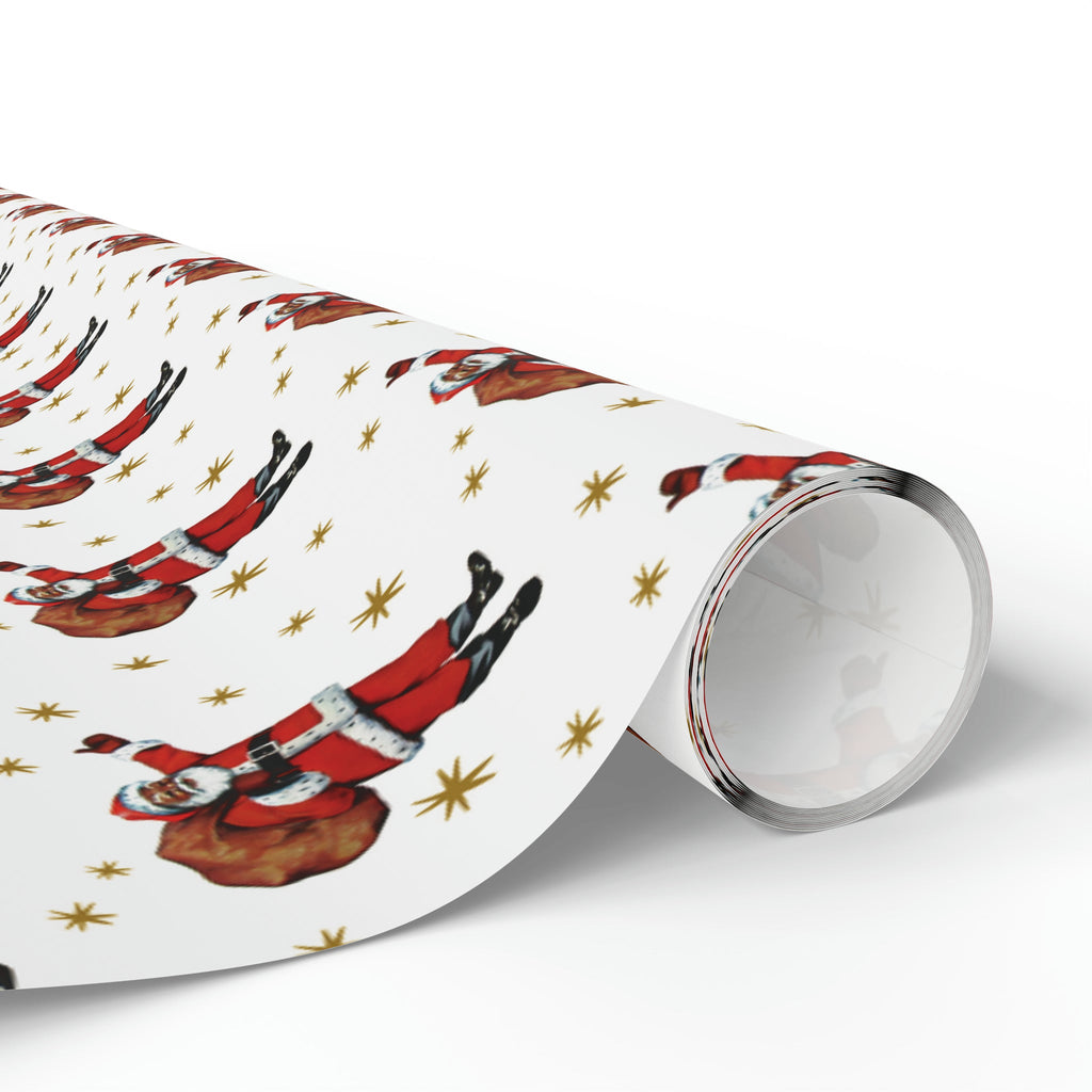 Santa Gold Stars Mid Century Retro Christmas Print Holiday Gift Wrap Paper - Glossy Or Matte