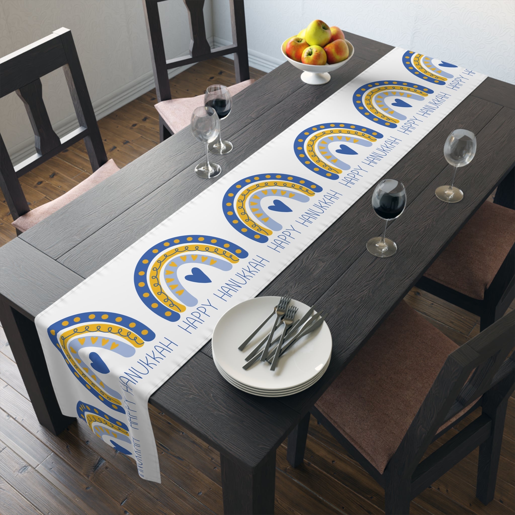 Happy Hanukkah Table Runner Blue Yellow Boho Rainbow Polyester Winter Unique Cozy Cute Holiday Kitchen Dining Decor Linen