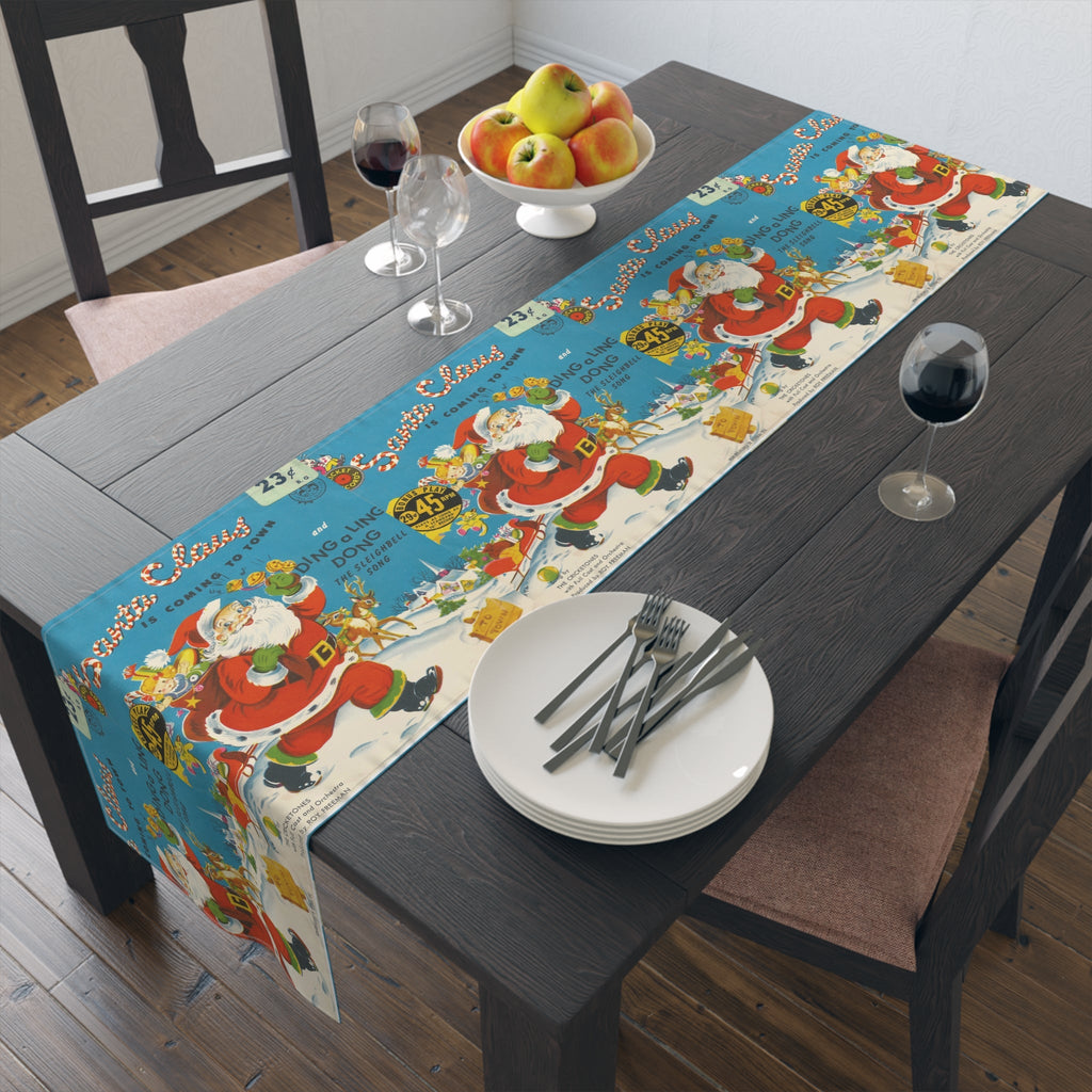 Santa Claus Is Coming To Town Record Cover Retro Mid Century Christmas Print Home Decor Cotton Poly Table Runner
