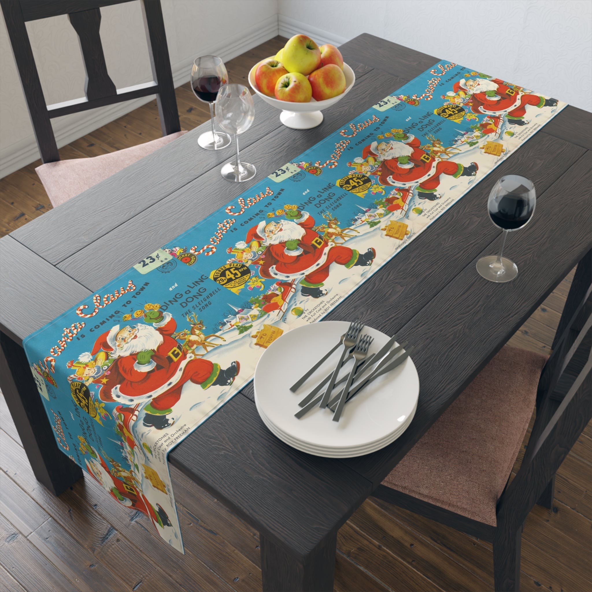 Santa Claus Is Coming To Town Record Cover Retro Mid Century Christmas Print Home Decor Cotton Poly Table Runner