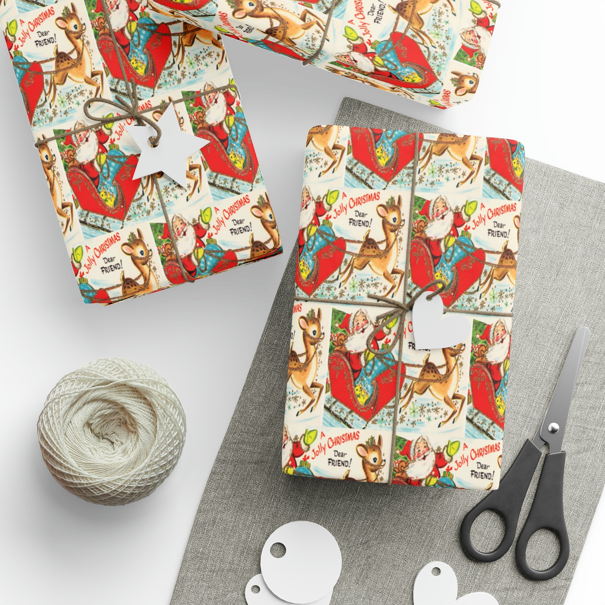 A Jolly Christmas Dear Friend Santa In Sleigh With Reindeer Mid Century Retro Christmas Print Holiday Gift Wrap Paper - Glossy Or Matte