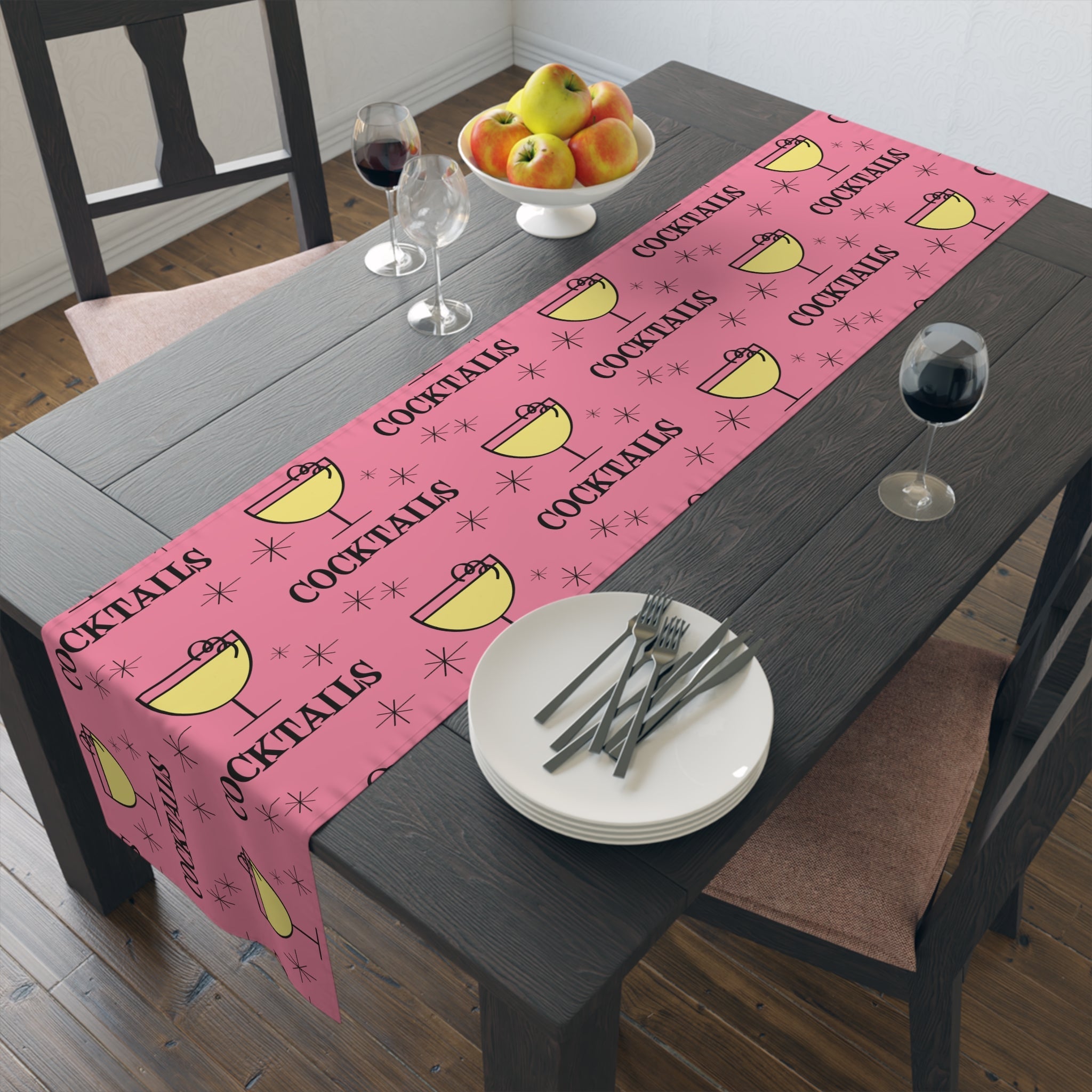 Cocktails Pink Atomic Mid Century Retro Style Design Cotton Poly Table Runner