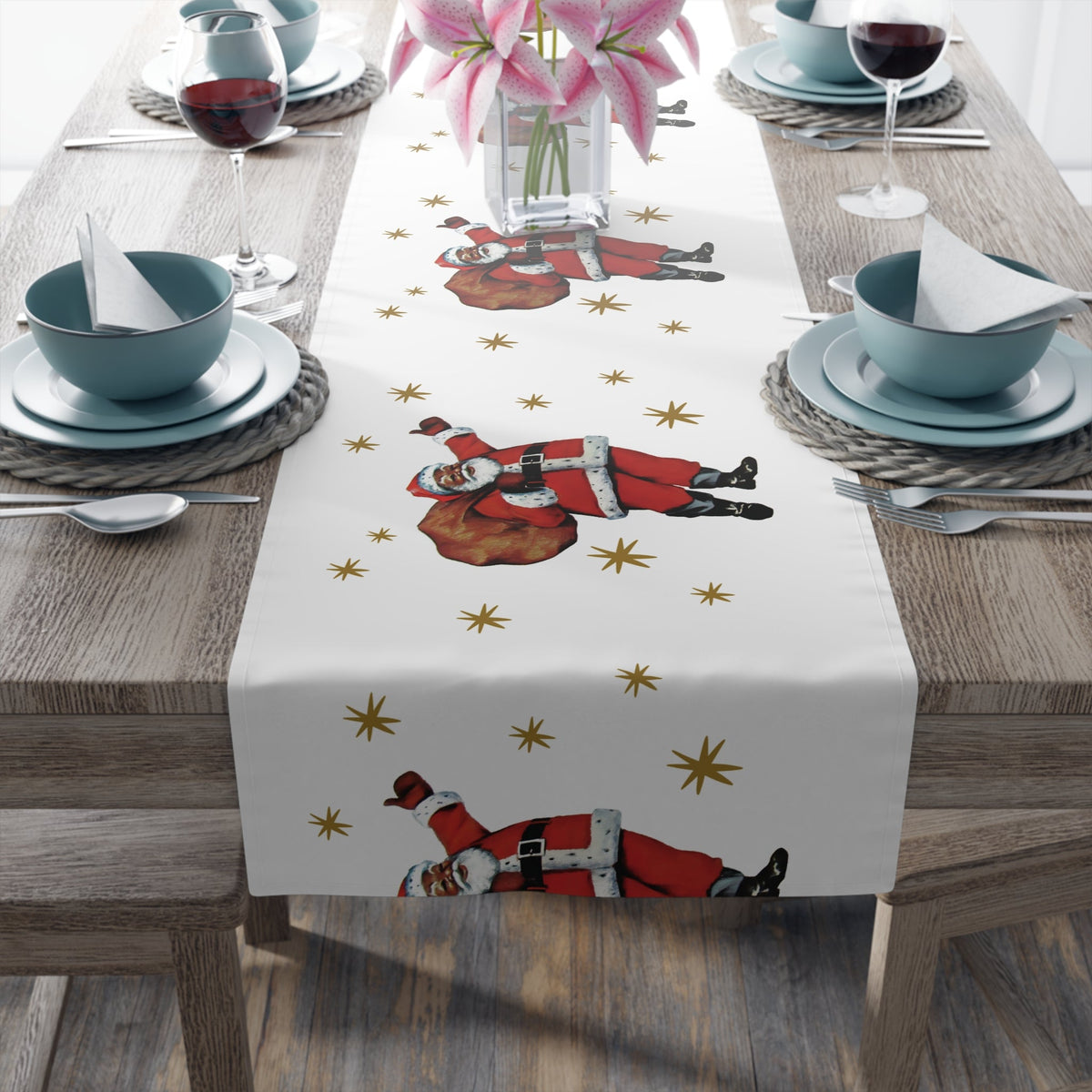 Midcentury Diverse Black Santa Gold Stars Vintage Polyester Table Runner