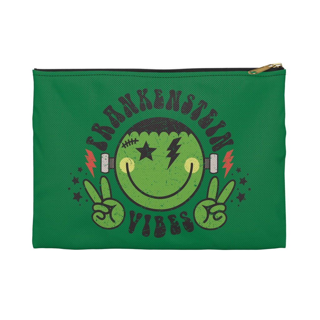 Frankenstein Vibes Distressed Style Green Halloween Print Polyester Accessory Pouch Travel Bag