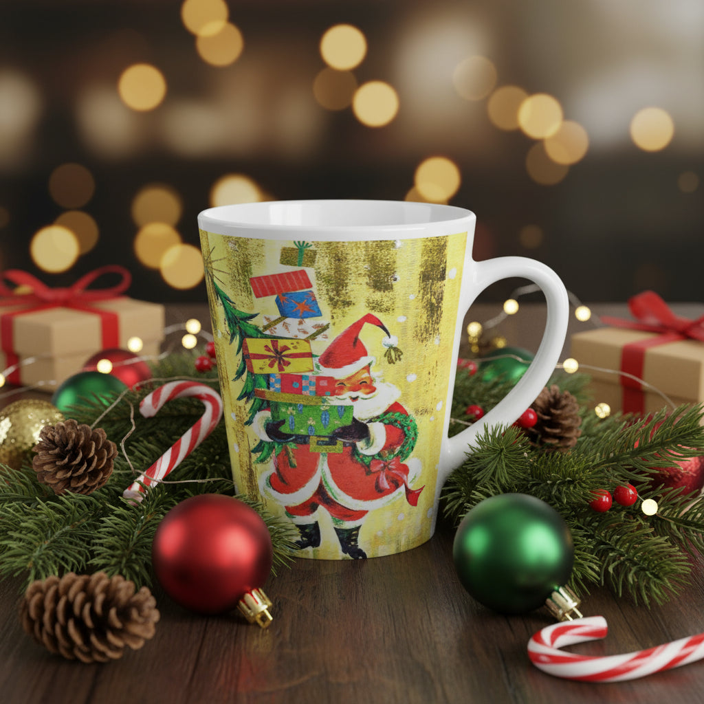 Santa With Presents Yellow Mid Century Retro Christmas Print Latte Coffee Mug