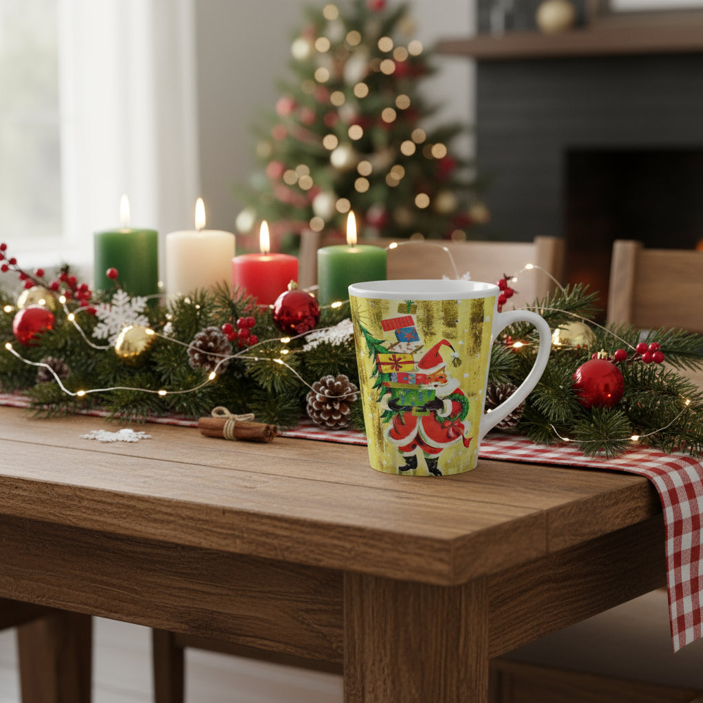 Santa With Presents Yellow Mid Century Retro Christmas Print Latte Coffee Mug