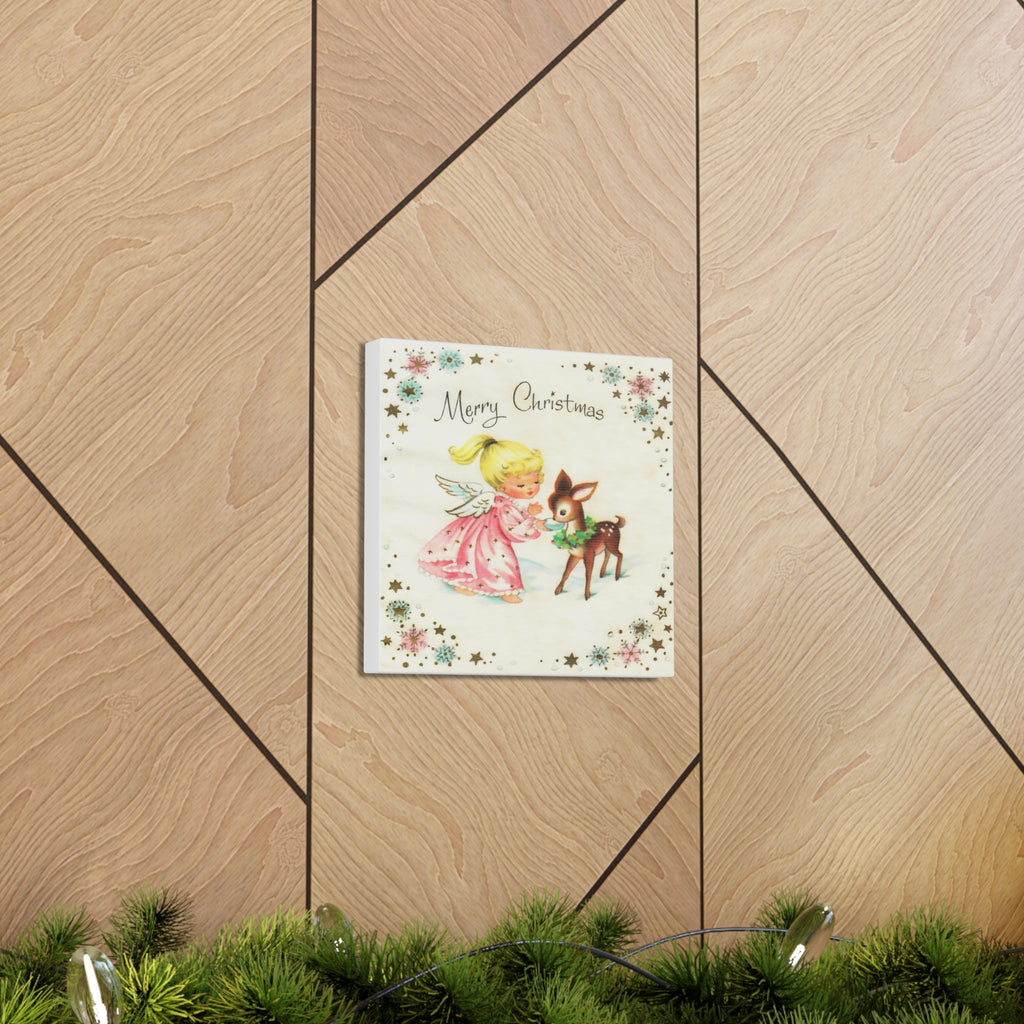 Merry Christmas Angel And Reindeer Retro Christmas Canvas Gallery Wrap