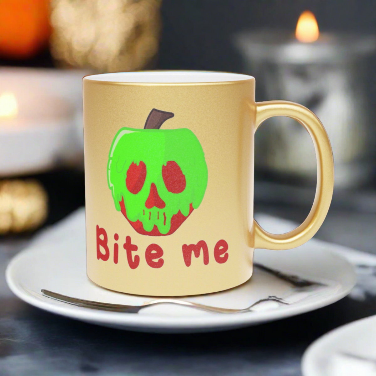 Bite Me Snow White Evil Queen Poison Apple Halloween Gold Metallic Mug