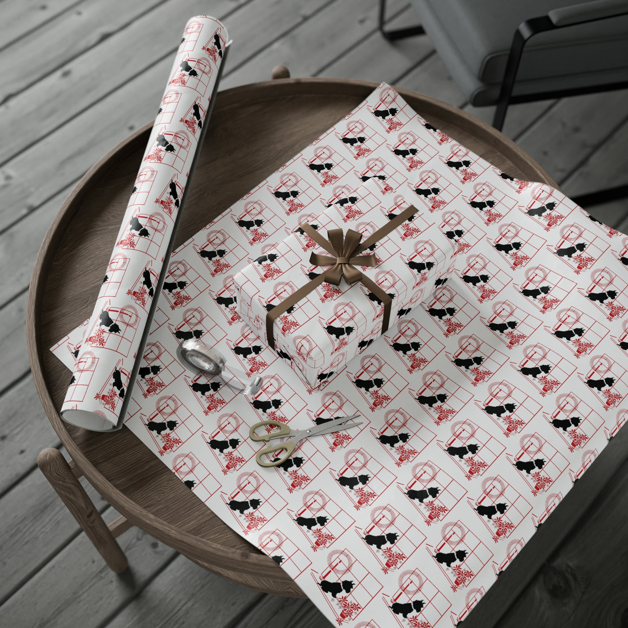 Black Scottie In Window With Candle And Poinsettias Mid Century Retro Christmas Print Holiday Gift Wrap Paper - Glossy Or Matte