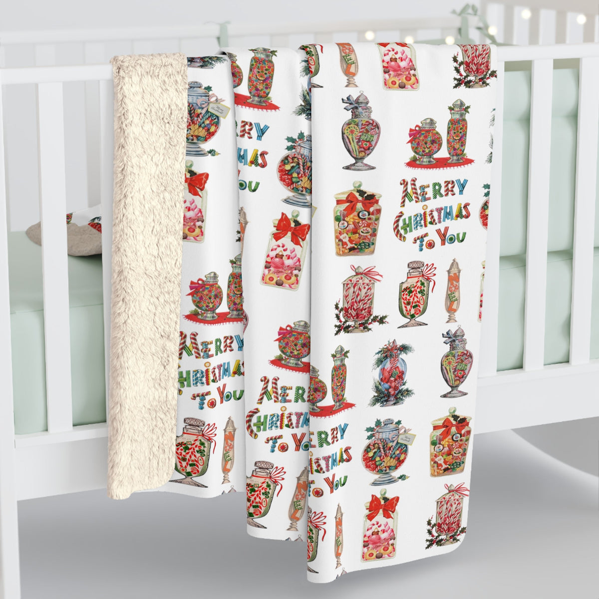 Merry Christmas To You Christmas Candy Mid Century Retro Print Sherpa Fleece Blanket