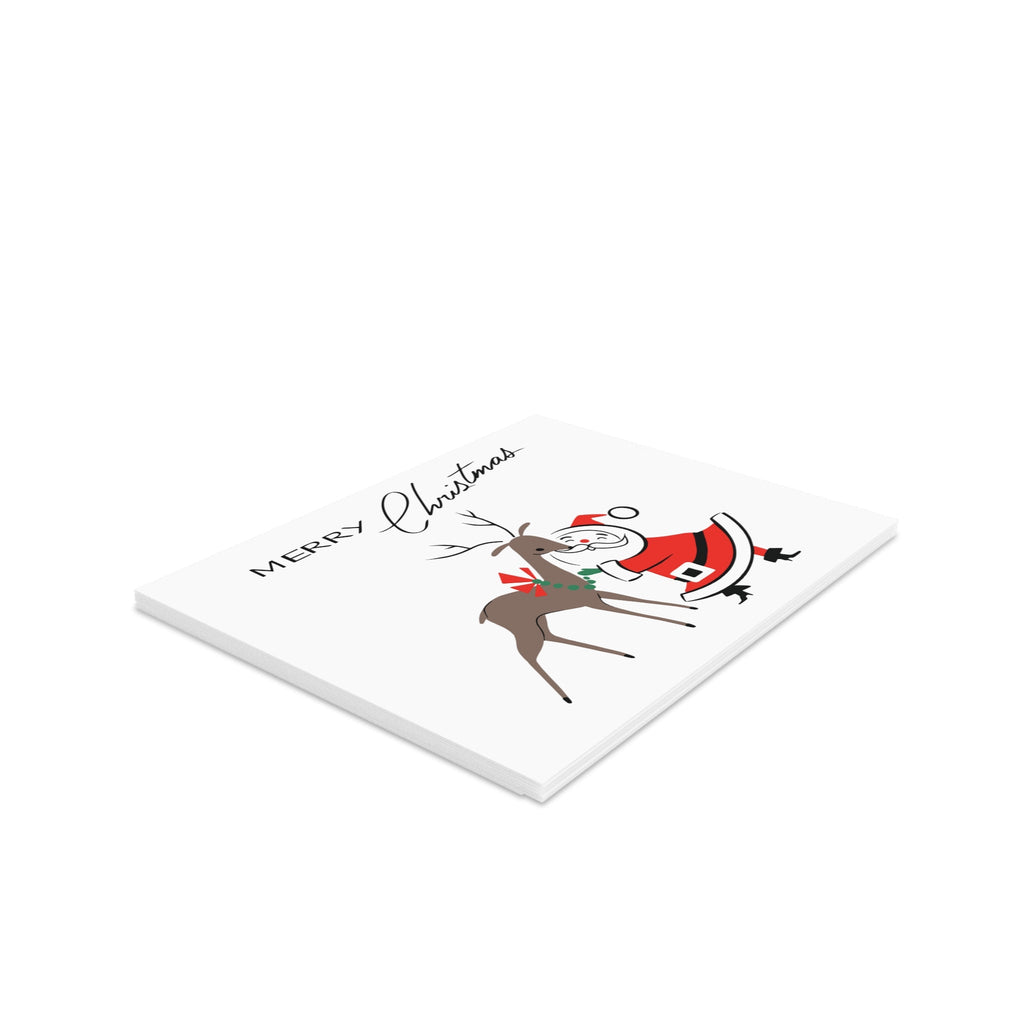Merry Christmas Santa Reindeer Mid Century Retro Christmas Print Matte Greeting Cards (8, 16, and 24 pcs)