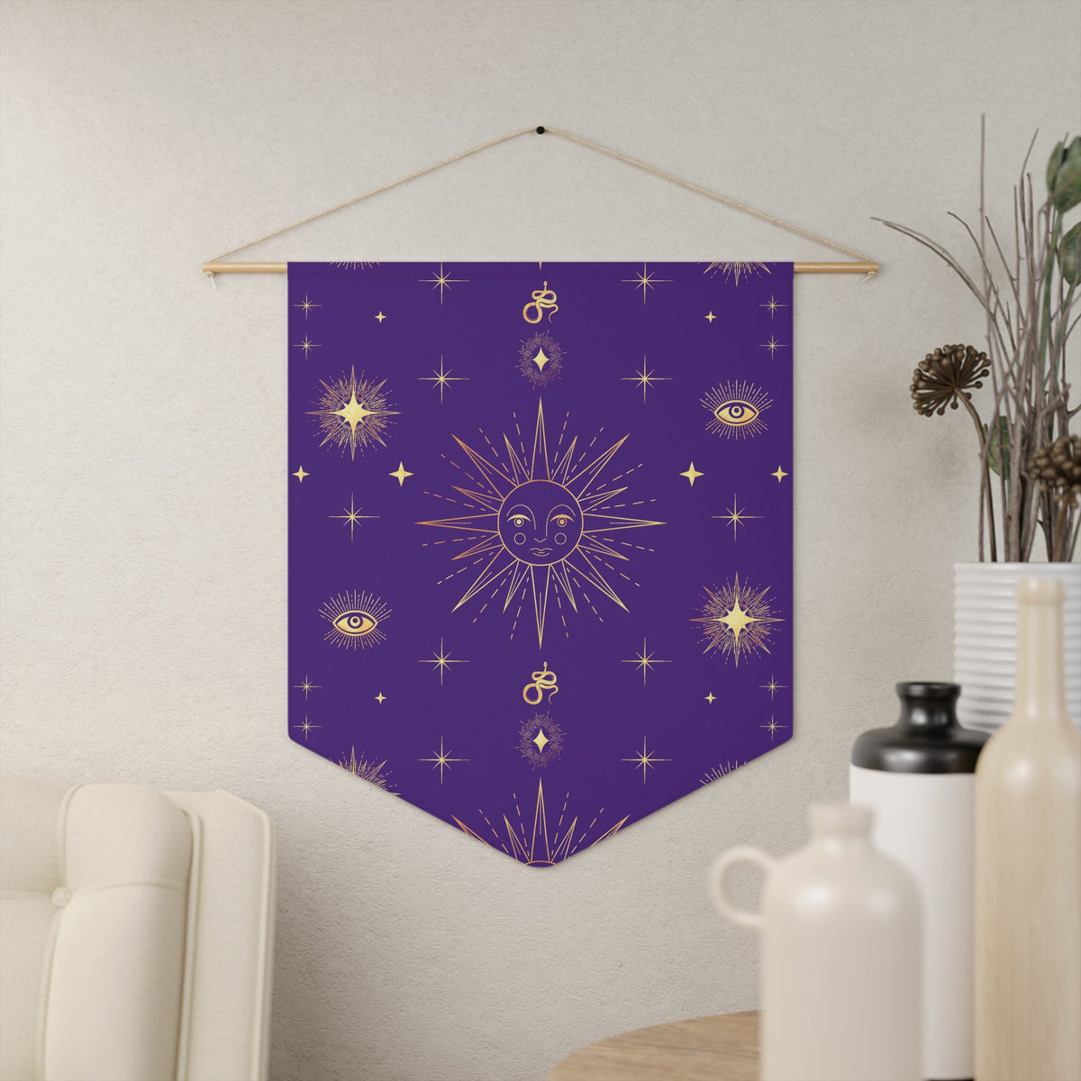 Celestial Gold Sun Stars Purple Decor Print Wall Hanging Banner Flag