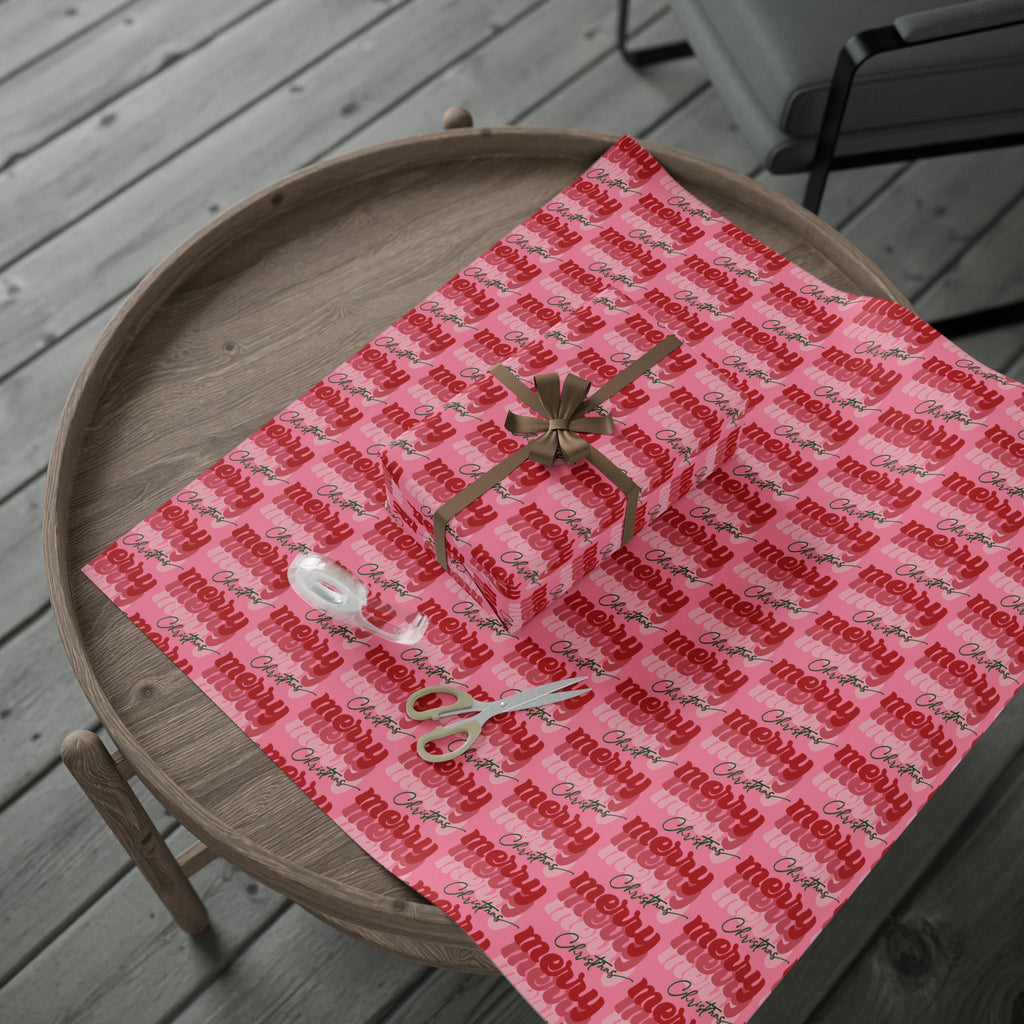 Merry Merry Merry Christmas Pink Retro Style Christmas Print Holiday Gift Wrap Paper - Glossy Or Matte