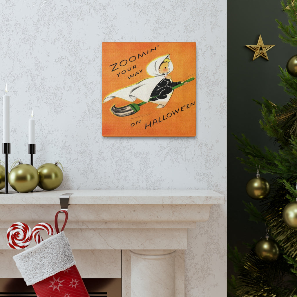 Zoomin' Your Way On Halloween Orange Witch On Broom Retro Halloween Decor Print Canvas Gallery Wrap