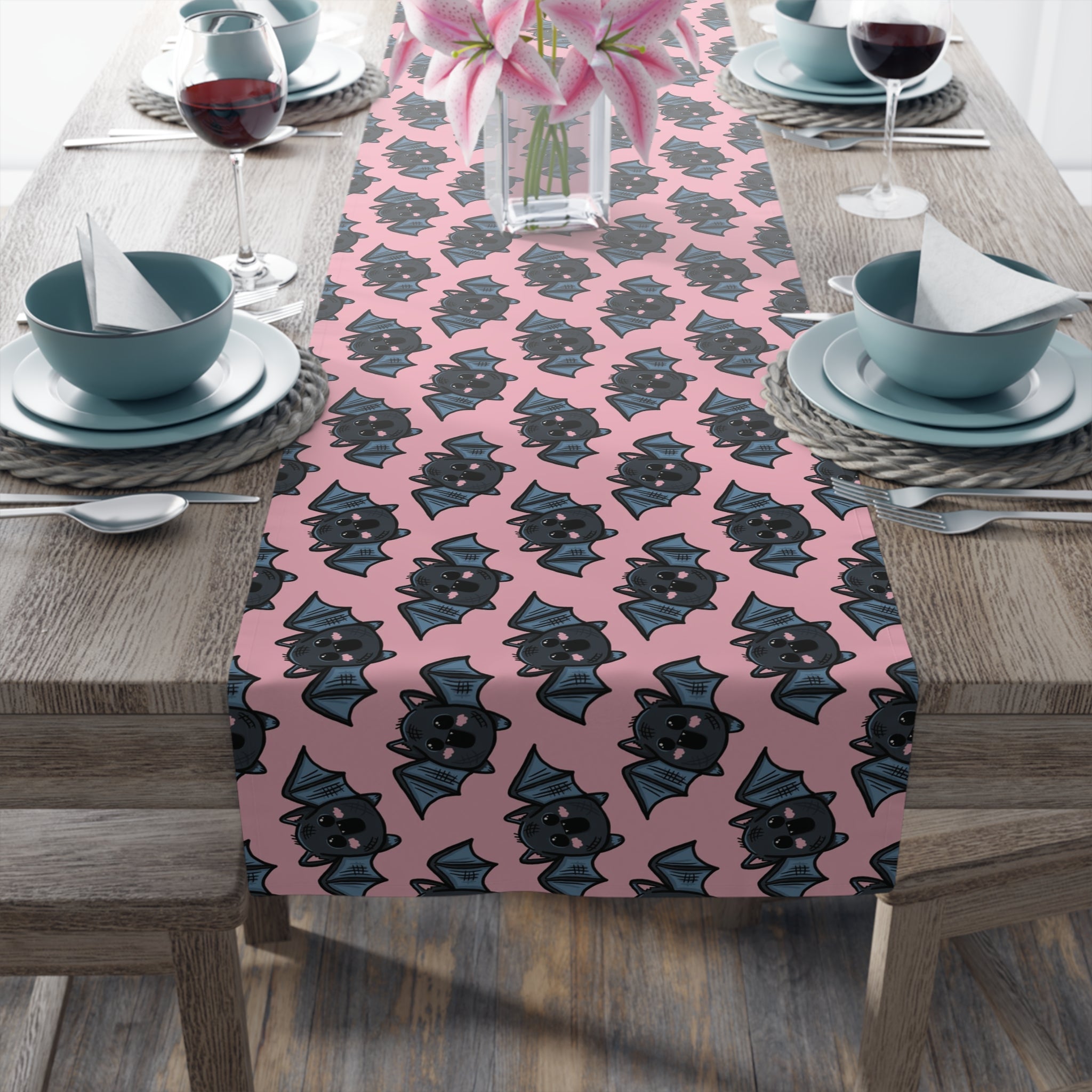 Halloween Bats Pink Fall Autumn Cotton Poly Table Runner