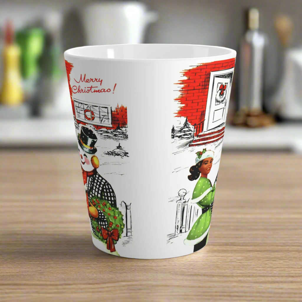 Merry Christmas Lady With Snowman Retro Latte Coffee Mug