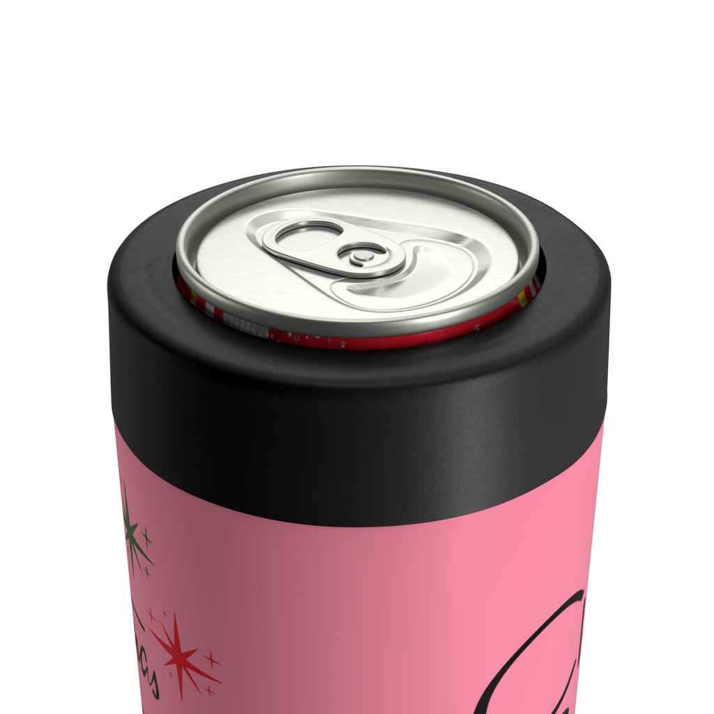 Christmas Greetings Starburst Pink Mid Century Retro Christmas Print Stainless Steel Can Holder