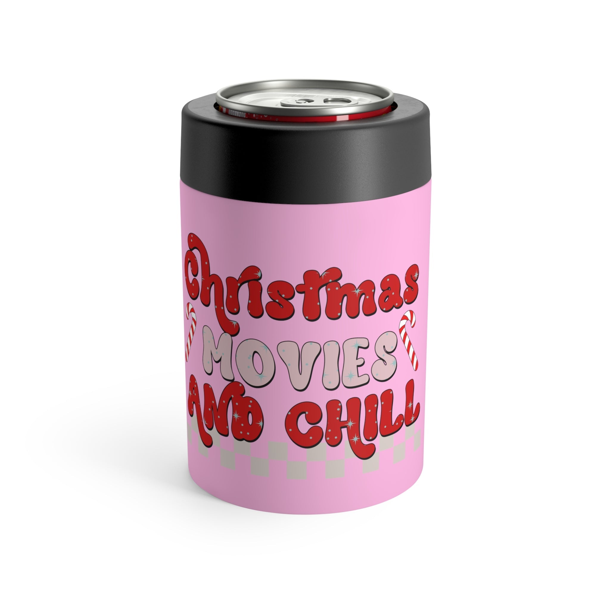 Christmas Movies And Chill Pink Christmas Print Stainless Steel Can Holder