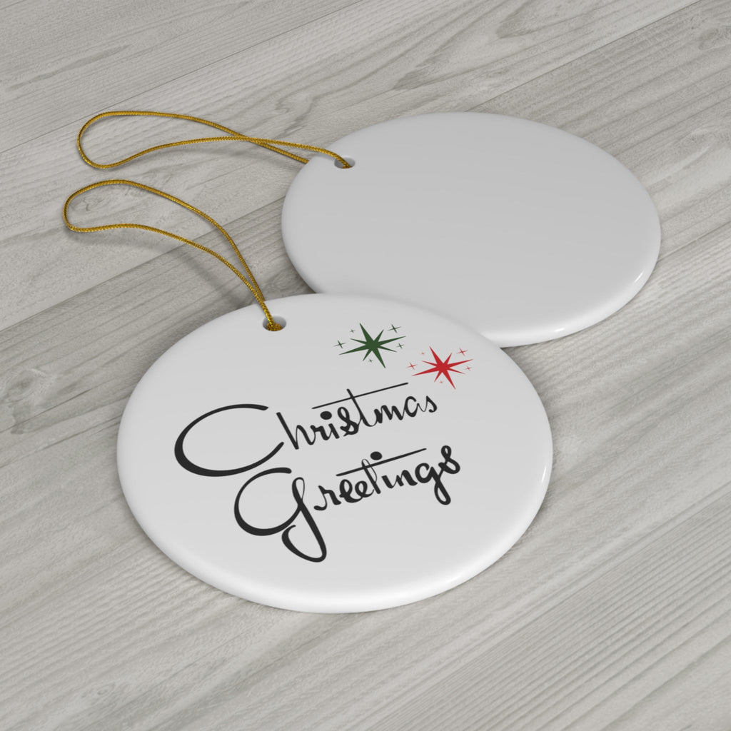 Christmas Greetings Starburst Atomic Mid Century Retro Christmas Print Ceramic Ornament