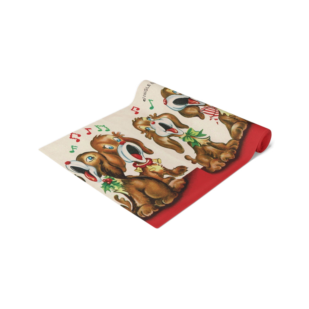 Jingle Bells Christmas Puppies Retro Christmas Print Home Decor Cotton Poly Table Runner