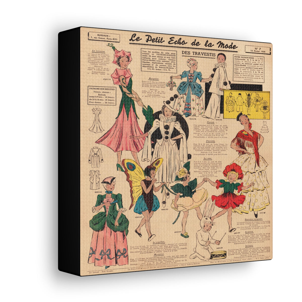 Vintage French Costume Patterns 1938 Magazine Retro Print Halloween Canvas Gallery Wrap