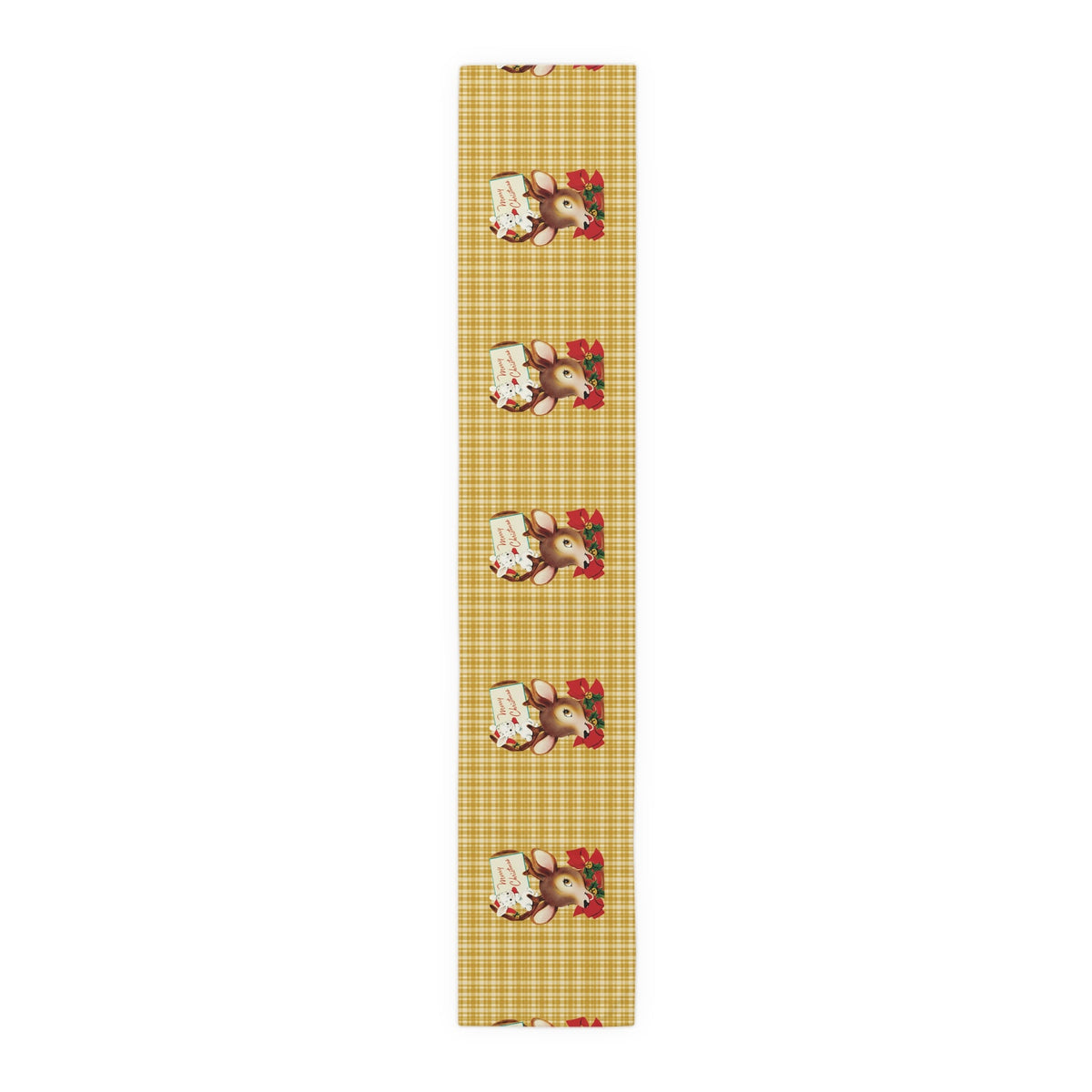 Merry Christmas Reindeer Bunny Yellow Plaid Retro Christmas Print Home Decor Cotton Poly Table Runner
