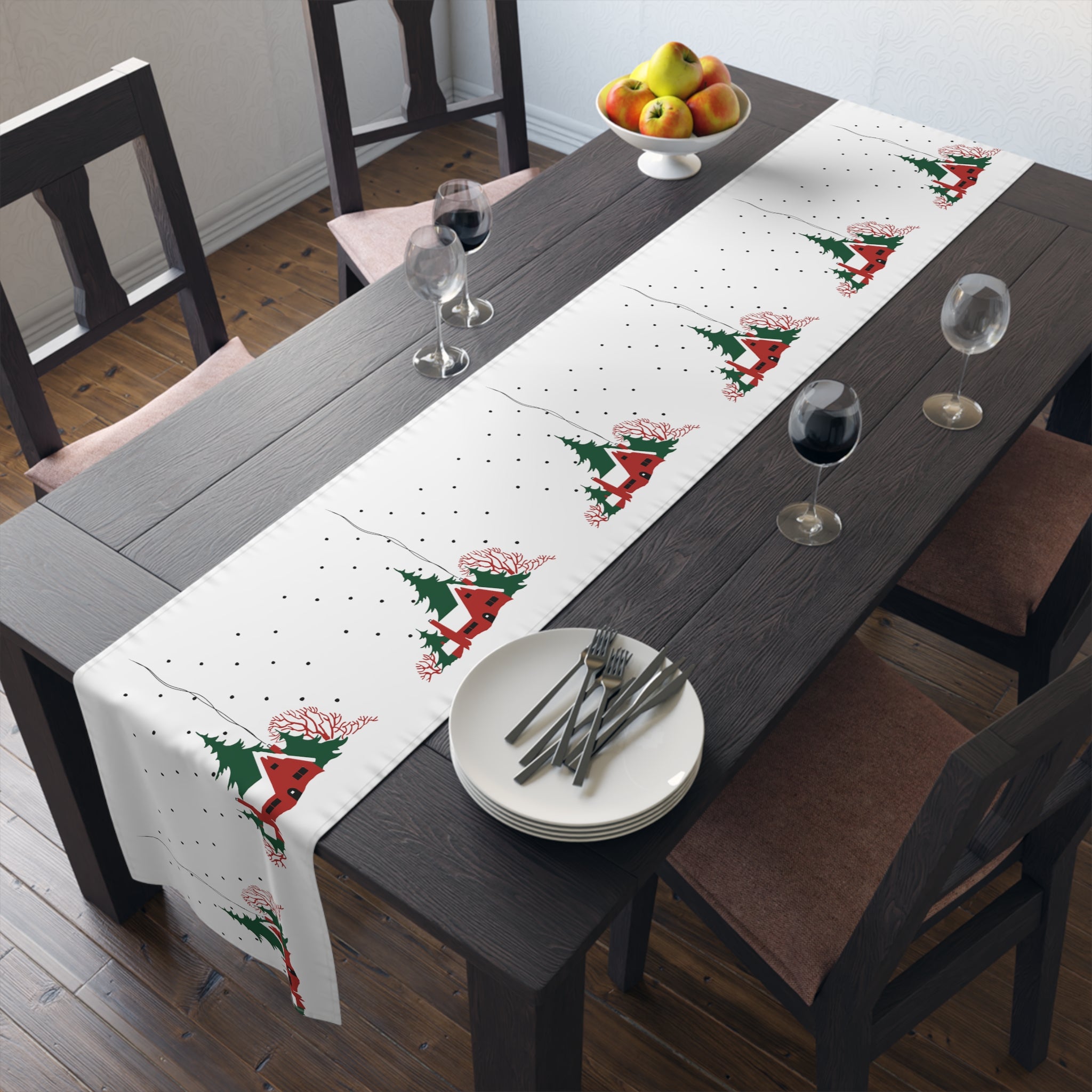 Cozy Christmas Home In Snow Mid Century Retro Christmas Print Home Decor Cotton Poly Table Runner