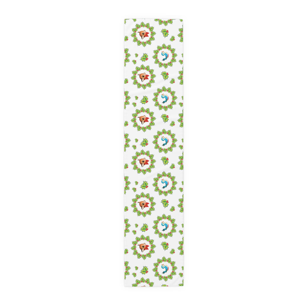 Christmas Bluebirds And Reindeer In Holly Berry Wreath Mid Century Retro Christmas Print Home Decor Cotton Poly Table Runner