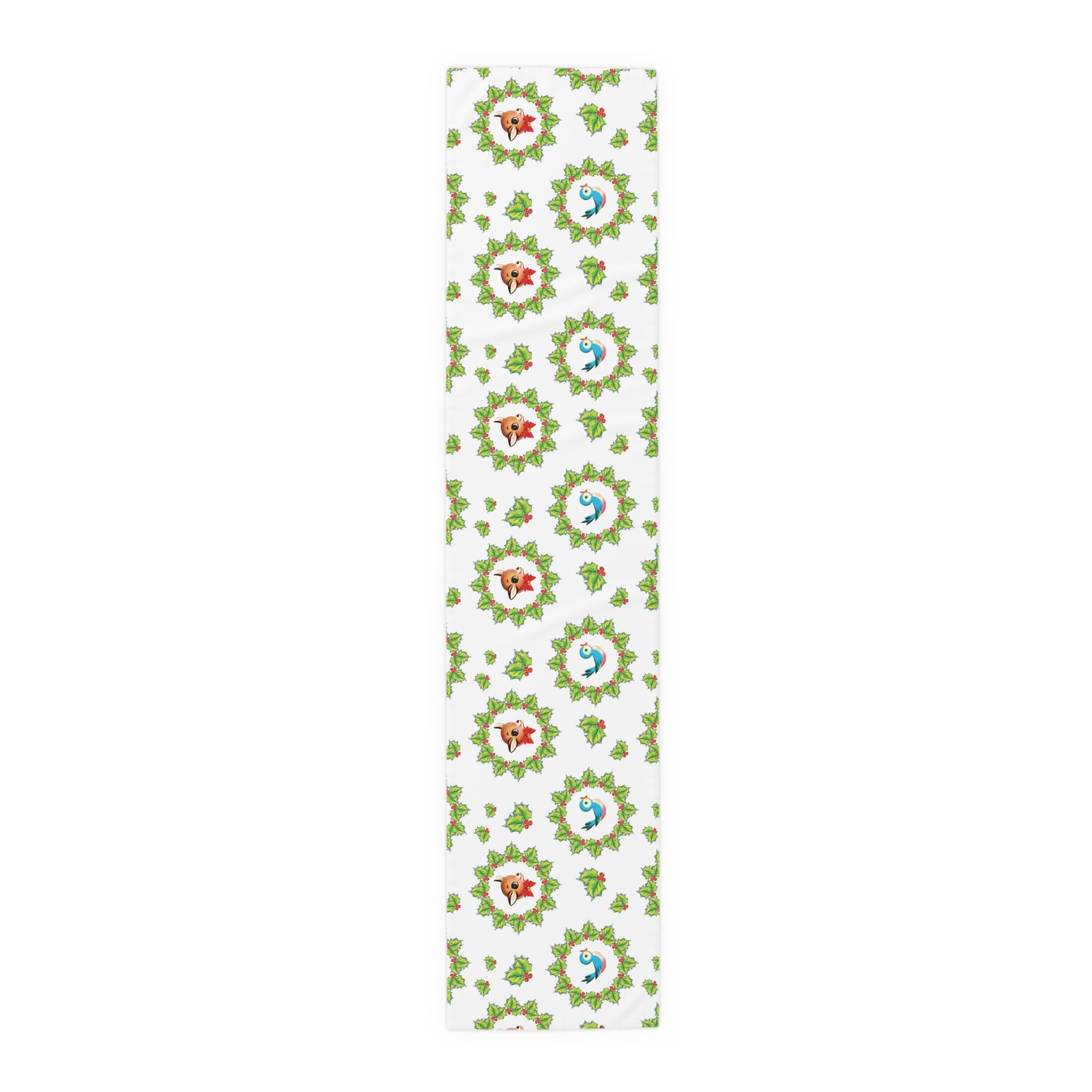 Christmas Bluebirds And Reindeer In Holly Berry Wreath Mid Century Retro Christmas Print Home Decor Cotton Poly Table Runner
