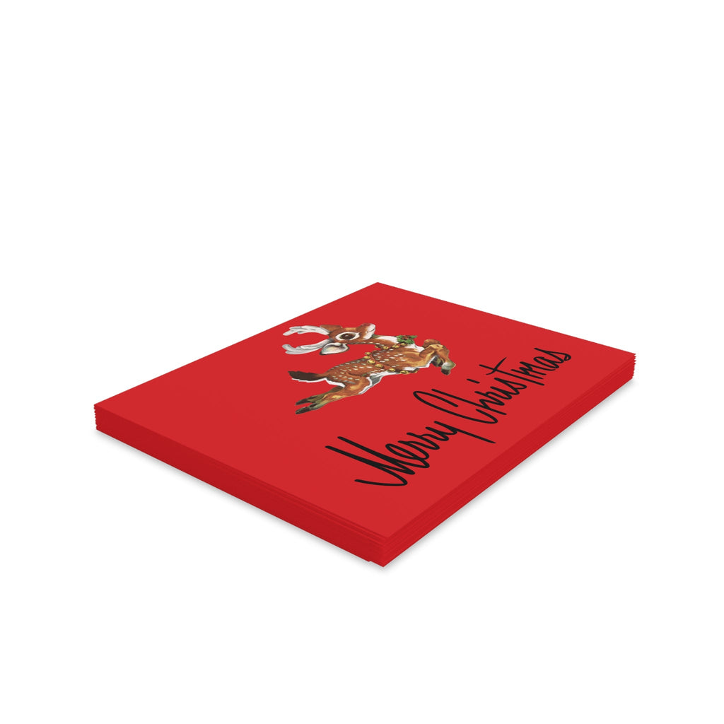 Merry Christmas Leaping Reindeer Mid Century Retro Christmas Print Matte Greeting Cards (8, 16, and 24 pcs)