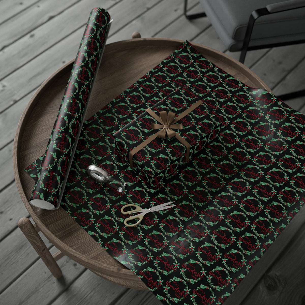 It's A Wonderful Life Christmas Wreath Black Retro Style Holiday Gift Wrap Paper - Glossy Or Matte