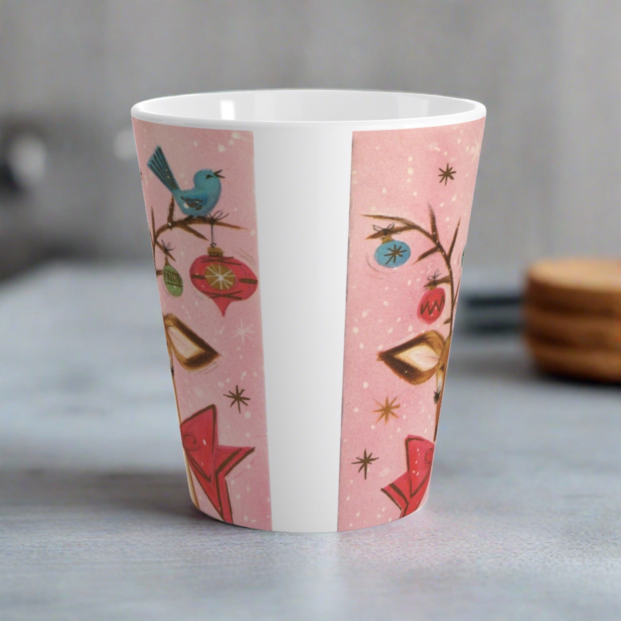 Reindeer With Bluebird Ornaments Retro Vintage Pink Christmas Print Latte Coffee Mug