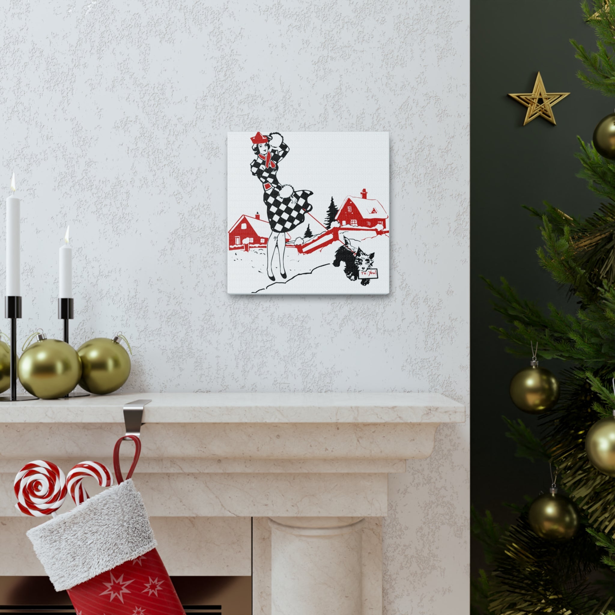 Christmas Lady And Dog Canvas Gallery Wrap - Retro Style