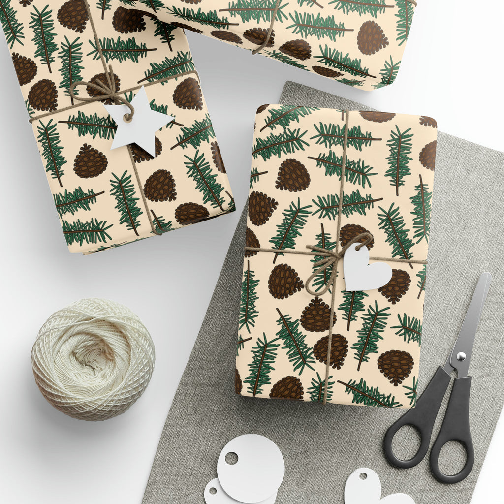 Pinecones With Sprigs Of Pine Cute Winter Christmas Print Holiday Gift Wrap Paper - Glossy Or Matte