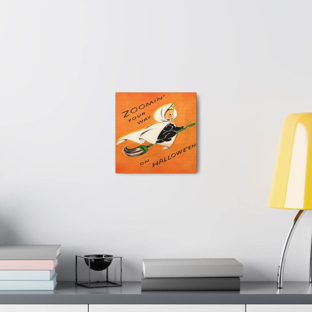 Zoomin' Your Way On Halloween Orange Witch On Broom Retro Halloween Decor Print Canvas Gallery Wrap