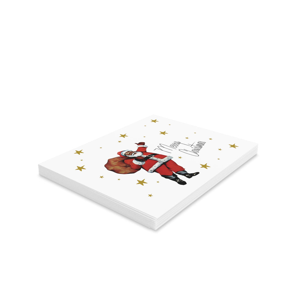 Merry Christmas Santa Gold Stars Mid Century Retro Christmas Style Matte Greeting Cards (8, 16, and 24 pcs)