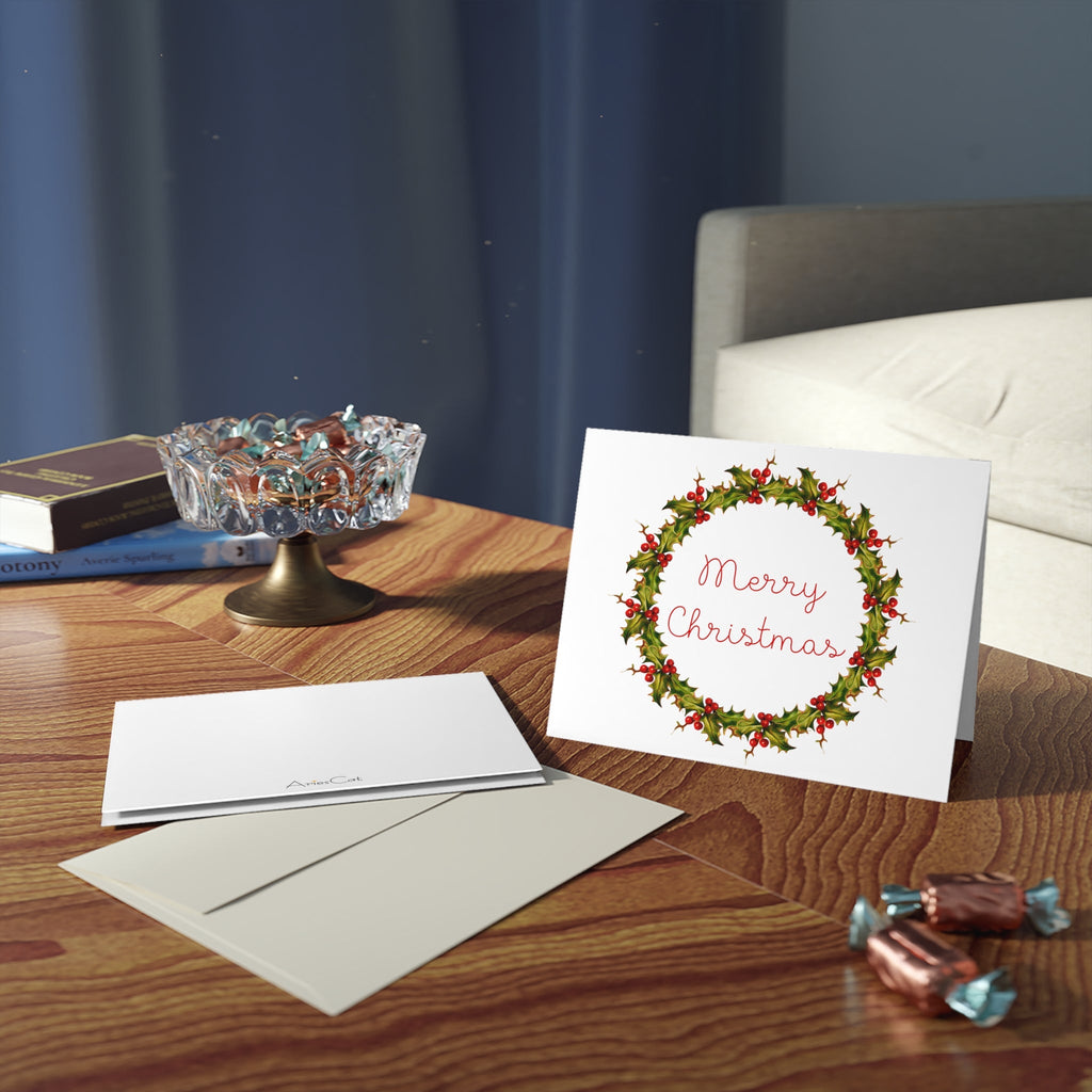 Merry Christmas Wreath Retro Style Christmas Matte Greeting Cards (8, 16, and 24 pcs)