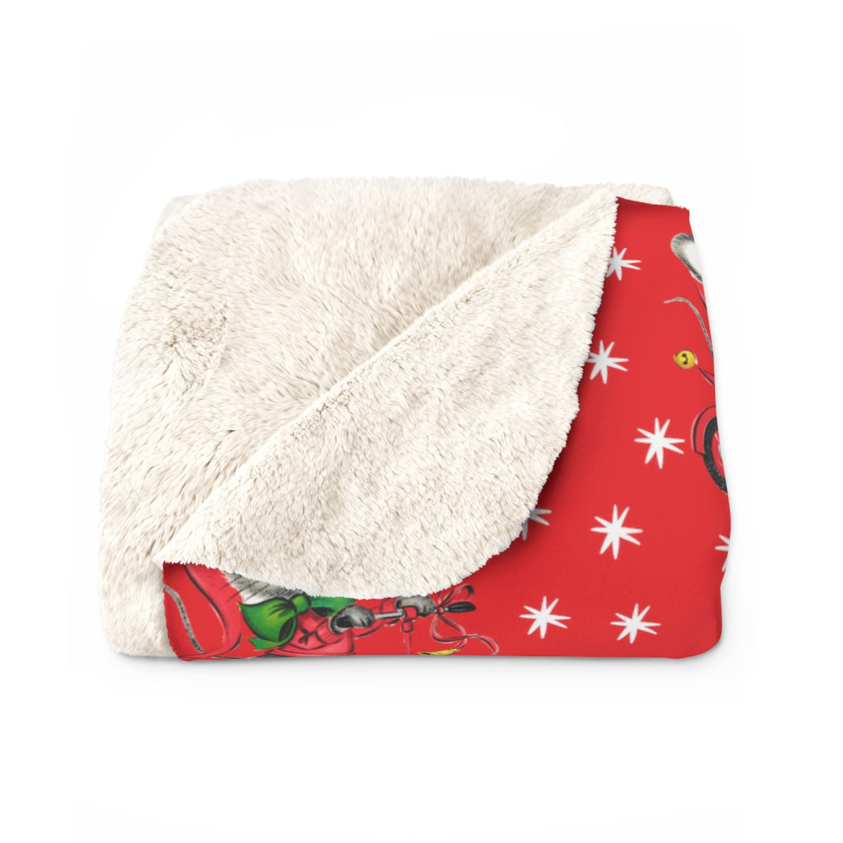 Christmas Mouse On Scooter Stars Red Mid Century Retro Style Christmas Sherpa Fleece Blanket