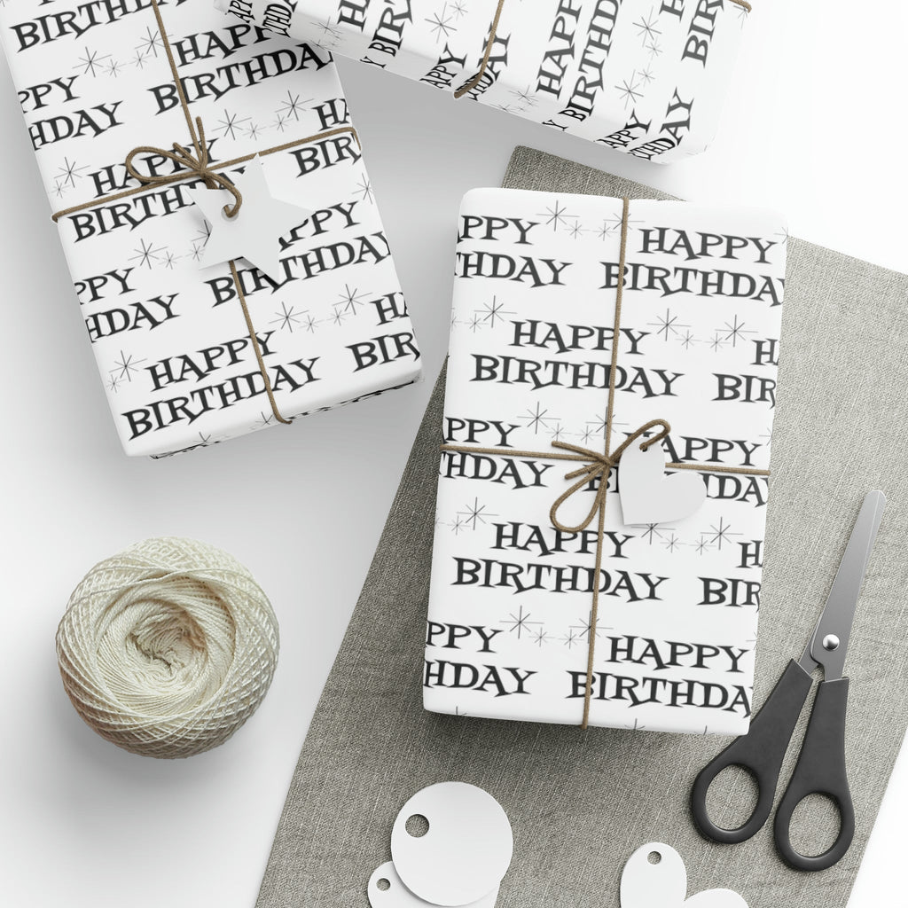 Happy Birthday Stars Atomic Mid Century Retro Style Holiday Gift Wrap Paper - Glossy Or Matte