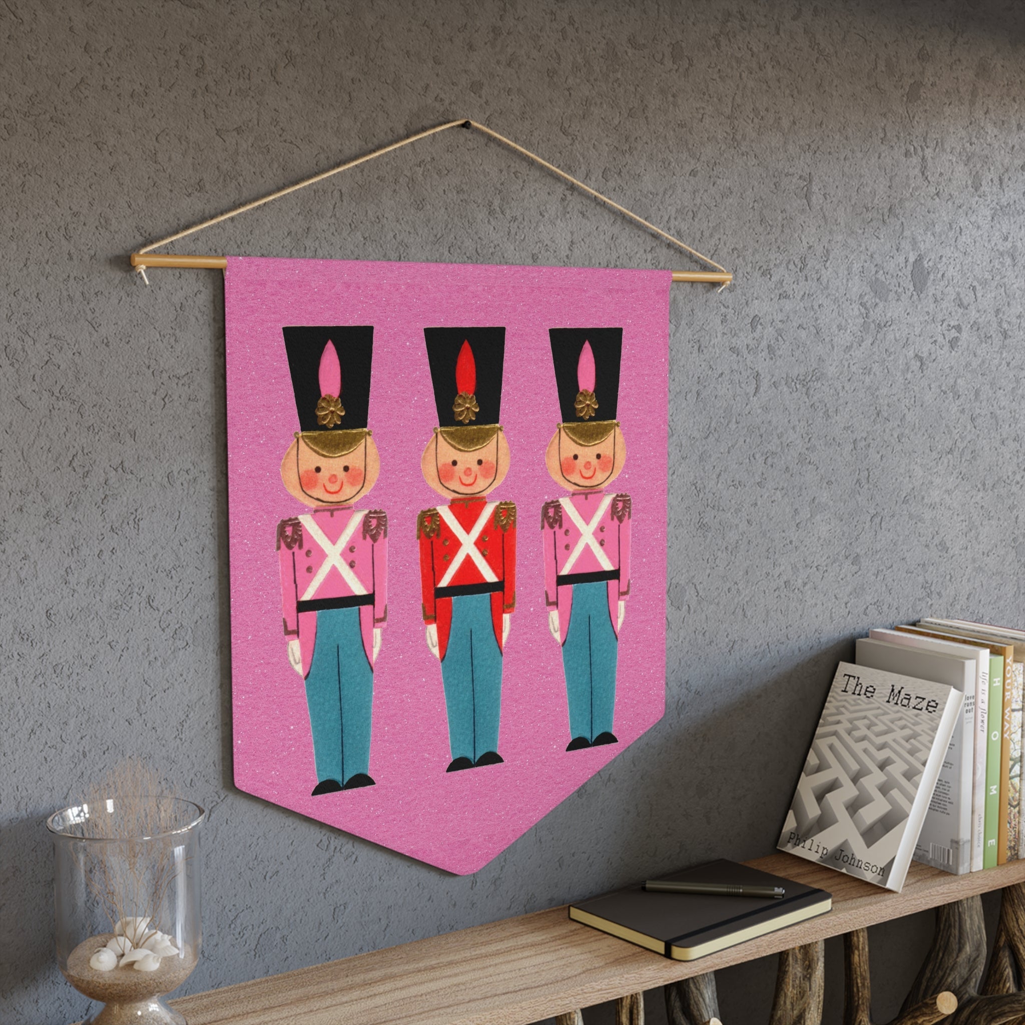 Christmas Toy Soldiers Pink Mid Century Retro Christmas Print Wall Hanging Banner Flag