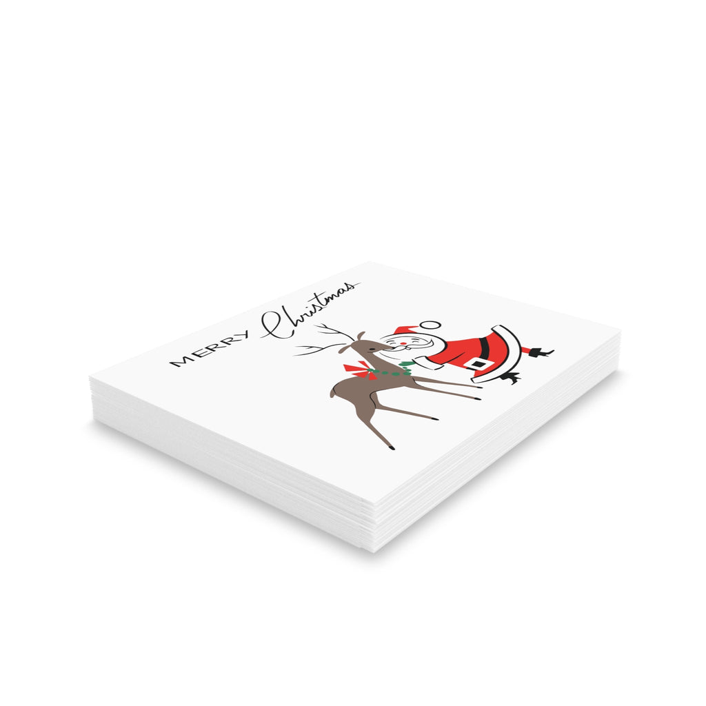 Merry Christmas Santa Reindeer Mid Century Retro Christmas Print Matte Greeting Cards (8, 16, and 24 pcs)